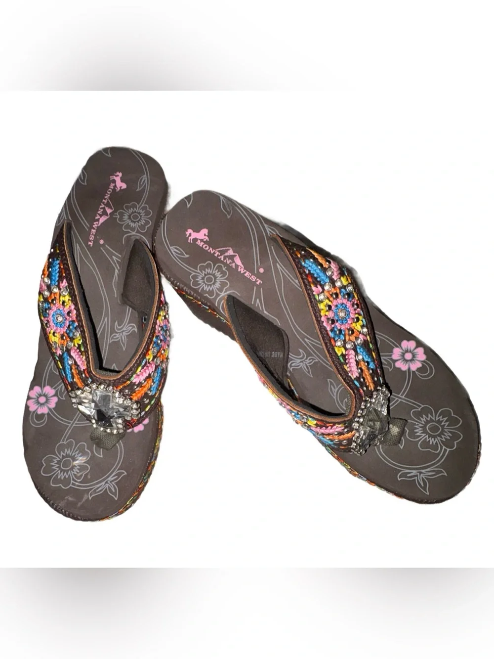 AMAZING MONTANA WEST-Brown Embroidered Wedge Thong Sandals⭐️LIKE NEW⭐️